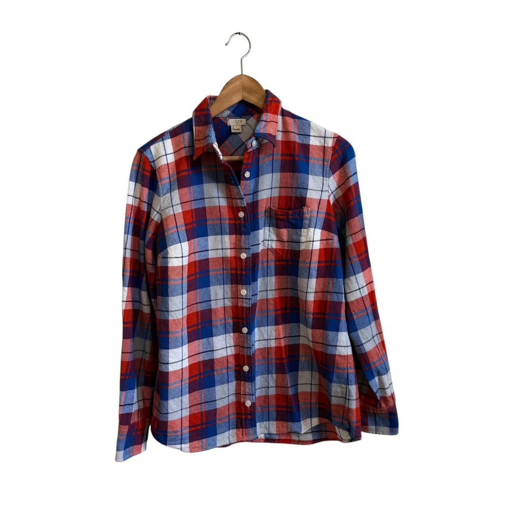 J. Crew Womens Plaid Flannel Shirt‎ Small Red White Blue Button Down Cotton